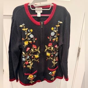 Stitches In  Time Black Embroidered Zip Front Cardigan Sweater Size L